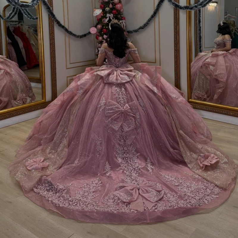 Pink Shiny Quinceanera Dresses Ball Gown Off The Shoulder Applique Lace Beading Crystal Corset Party Birthday Sweet 16 Dres Vestidos 15 Anos