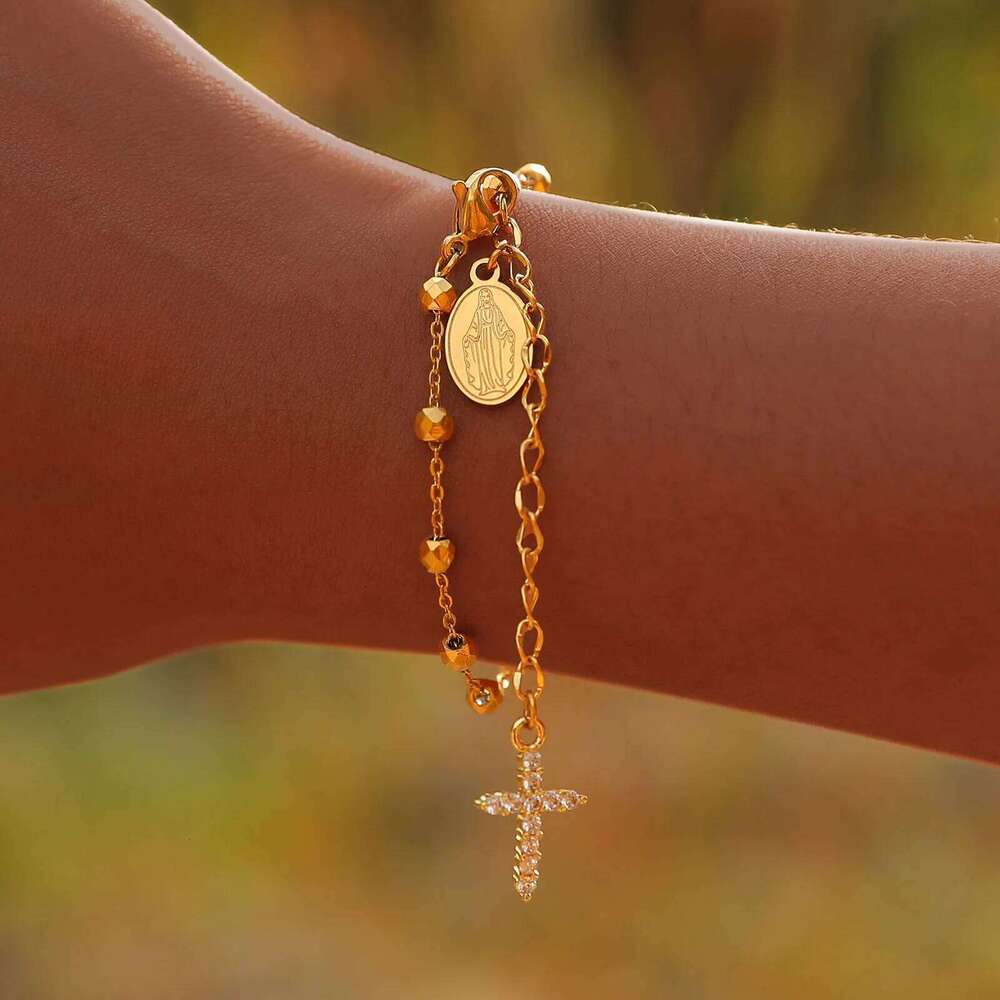 Charm Cubic Zirconia Cross Rosary Bracelet for Women, Stainless Steel Mary Adjustable Link, Religious Jewelry Gift 25H1229