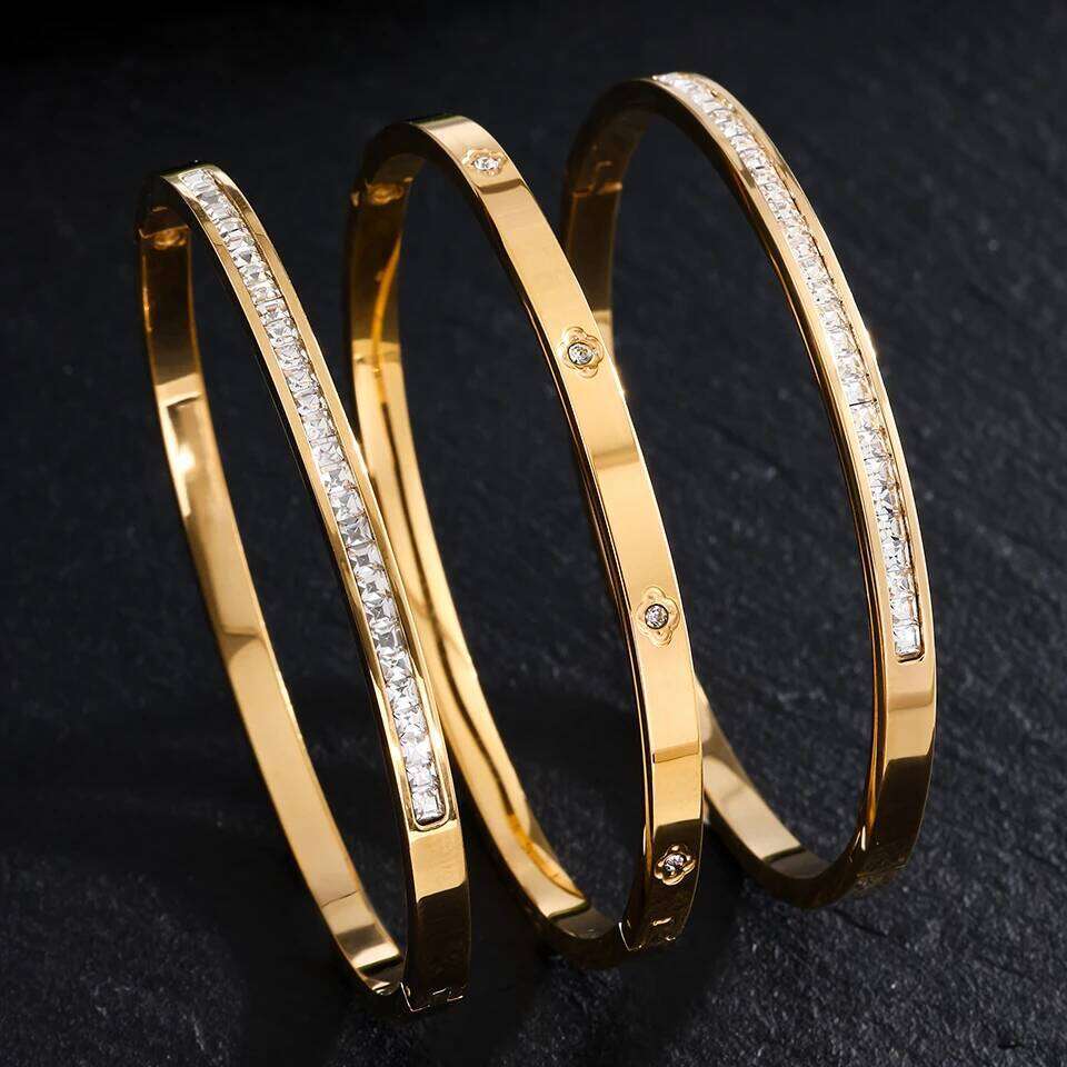 ZAKOL 3pcs Classic Stainless Steel Bracelet for Women Sliver/Gold Color Shiny Zircon Inlaid Non-fading Stacked Jewelry