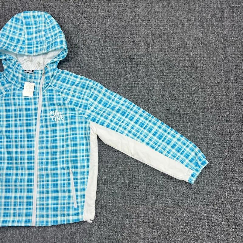 Men's Jackets Mesh Blue Green Plaid Zipper Hooded Jacket Men Women Letters Embroidery Label Slanted Quick Dry Loose Windproof
