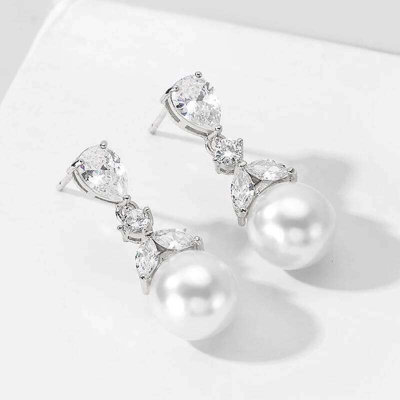ZAKOL Elegant Imitation Pearl Water Drop Zirconia Earrings for Women Luxury Sliver Color Bridal Wedding Jewelry