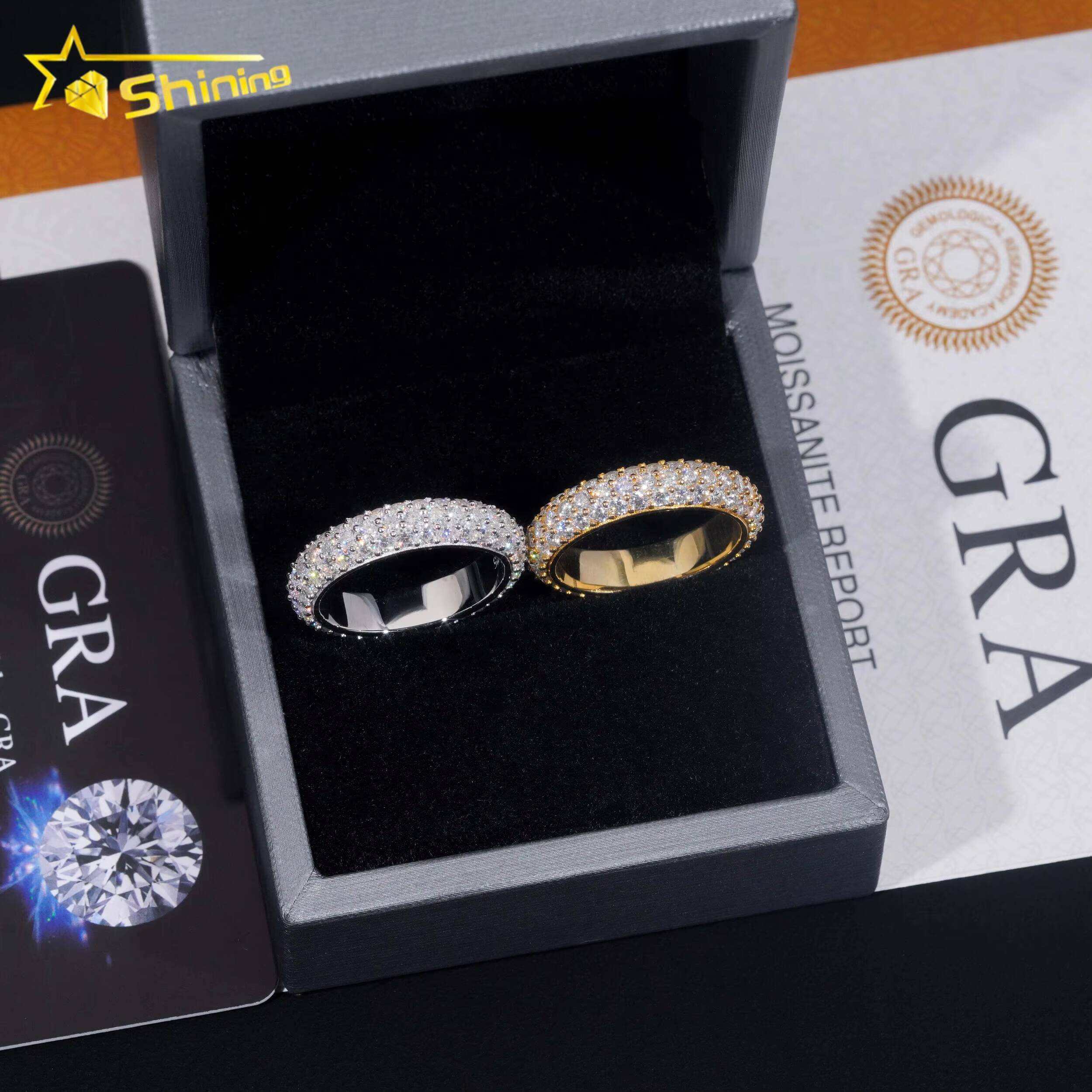 Factory Stock GRA Certified Solid 925 Sterling Silver Gold Plated Fine Jewelry Fully Iced Out 3 Rows Moissanite Band Ring