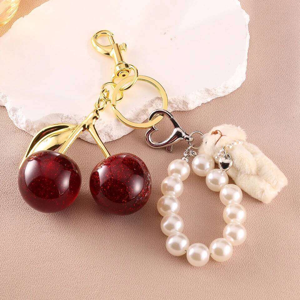 ZAKOL 2pcs/Set Red Cherry Keychain With Pearl Bead Doll Bear Fashion Aesthetic Bag Pendant Accessories Christmas Jewelry Gift