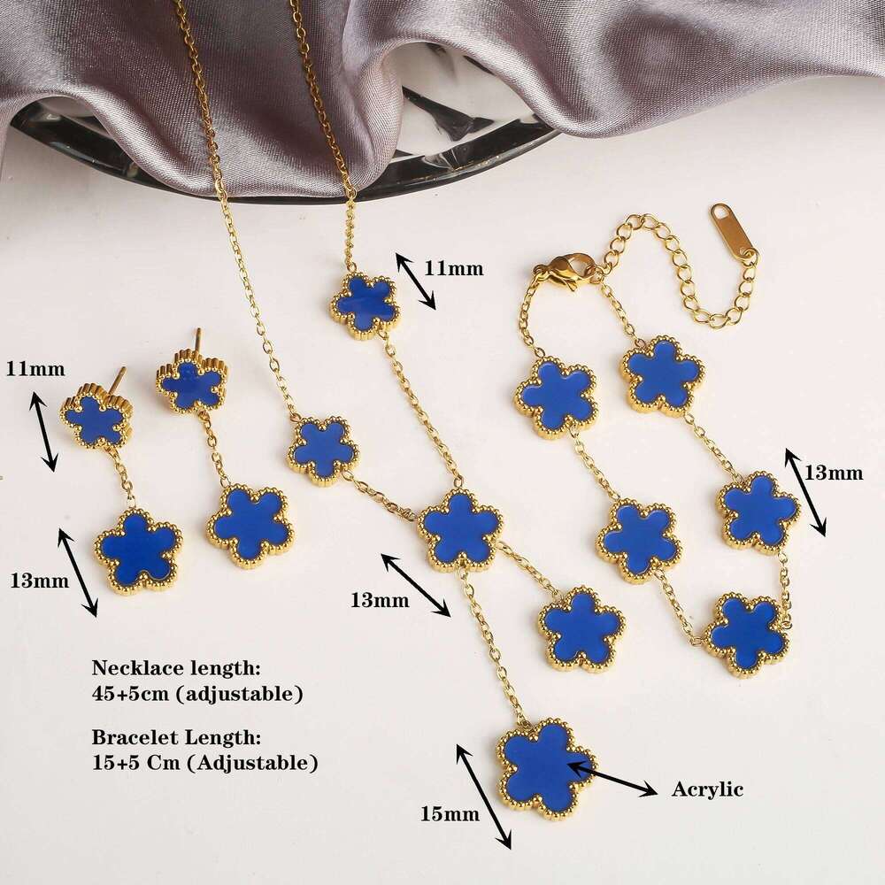 Clover Five Leaf Flower Stainless Steel Bracelet Necklace Earrings Set Luxury for Women High Quality Party Jewelry Gift 25H1229