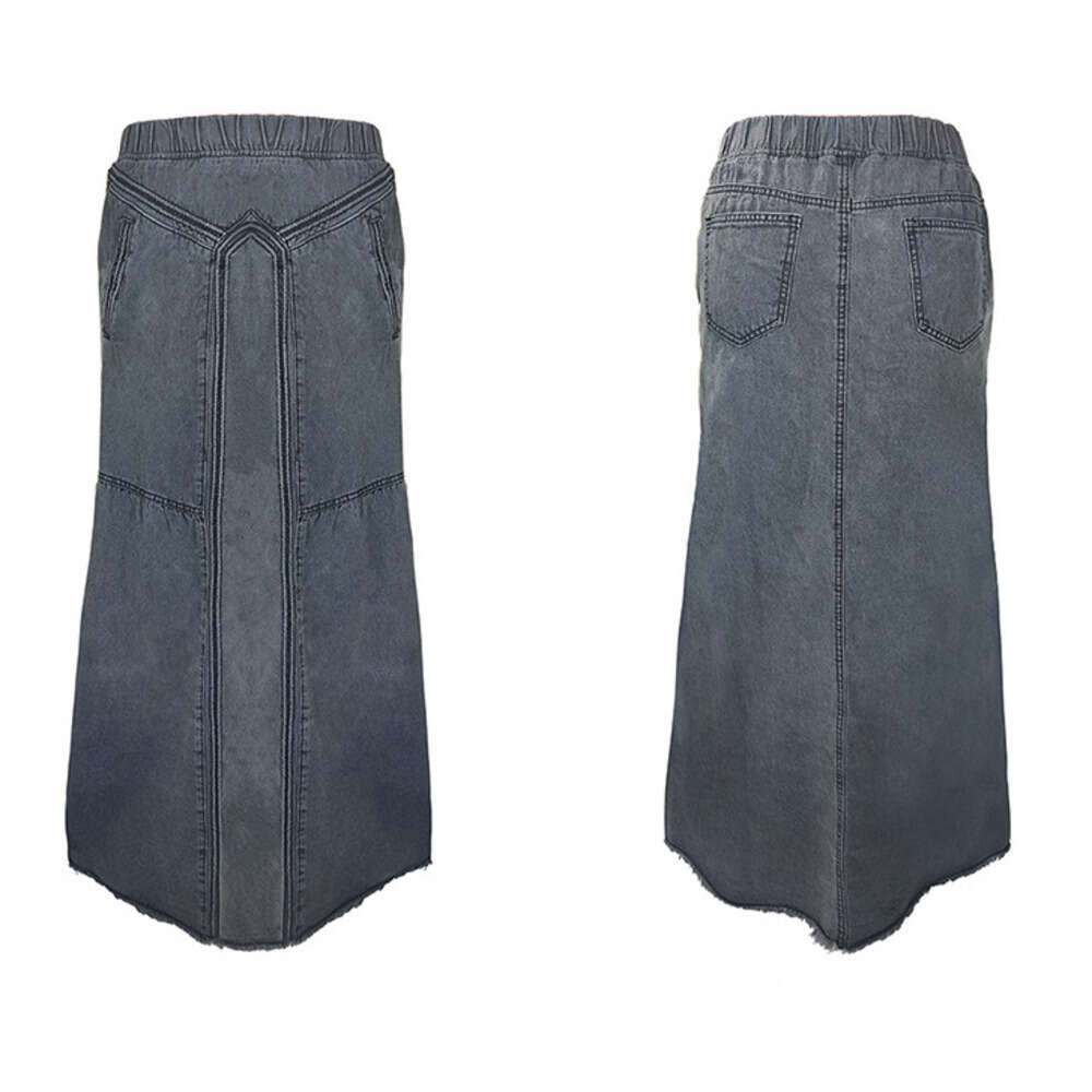 Women's Fashion Autumn Winter Denim A-Line Ribbed Brushed Elastic High Waist Simple Versatile Long Skirt