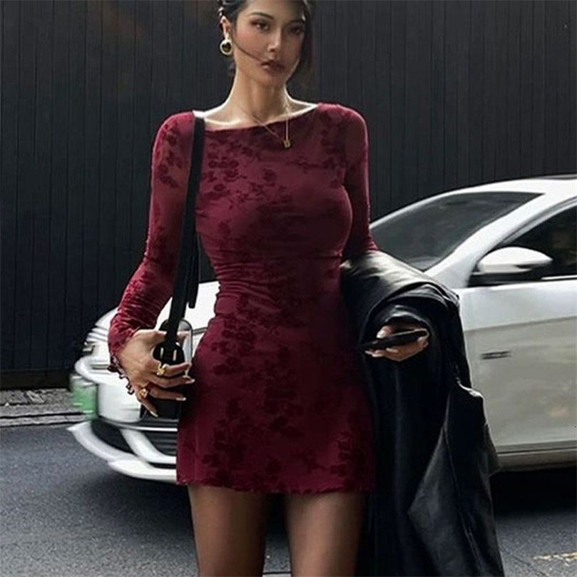 Sexy Wine Red Dresses Women Autumn ONeck Streetwear Fashion Print Long Sleeves Lady Knitted Pullover Clothing Dress 251219