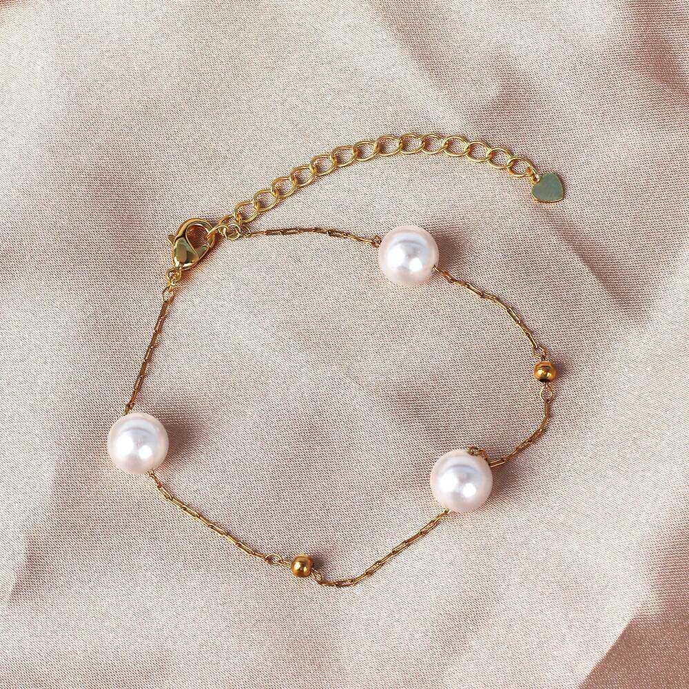 Korean White Pearl Chain Bracelets For Women Girls Elegant Stainless Steel Link Hand Charm Bracelet Jewelry Wedding Gifts 25H1229