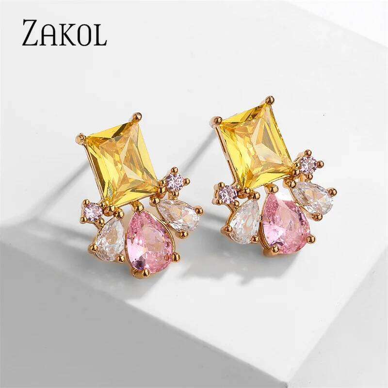 ZAKOL Fashion Colorful CZ Flower Stud Earrings for Women Square Cubic Zirconia Girls Ear Wedding Party Jewelry