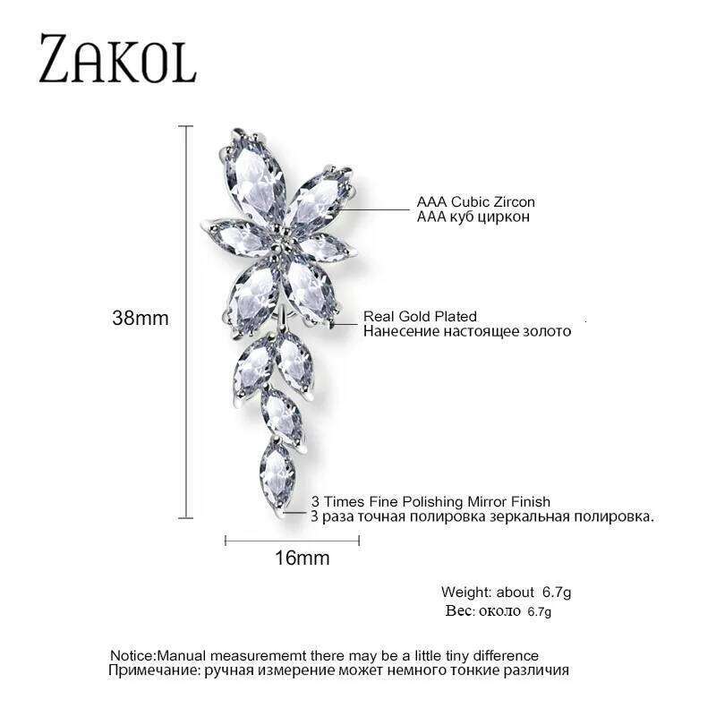 ZAKOL Fashion Leaf Zircon Drop Earrings for Women White Gold Color Marquise Crystal Bridal Earring Wedding Party Jewelry