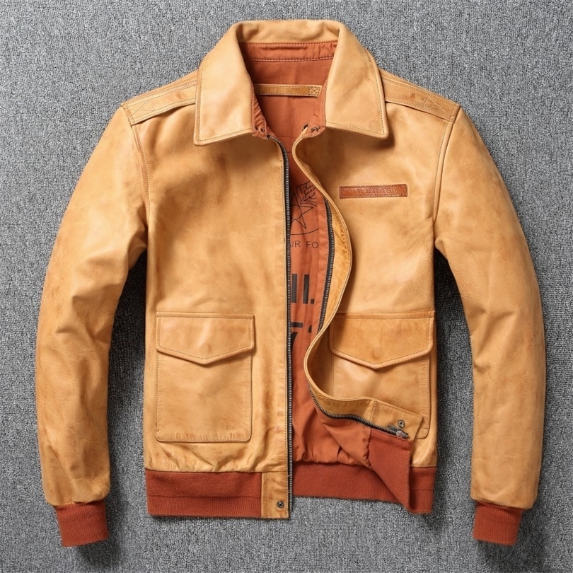 Classic Flight A2 Pilot Jacket Vintage Dirty Yellow Oil Waxed Cowhide Genuine Leather Men Jackets Male Coats 251218