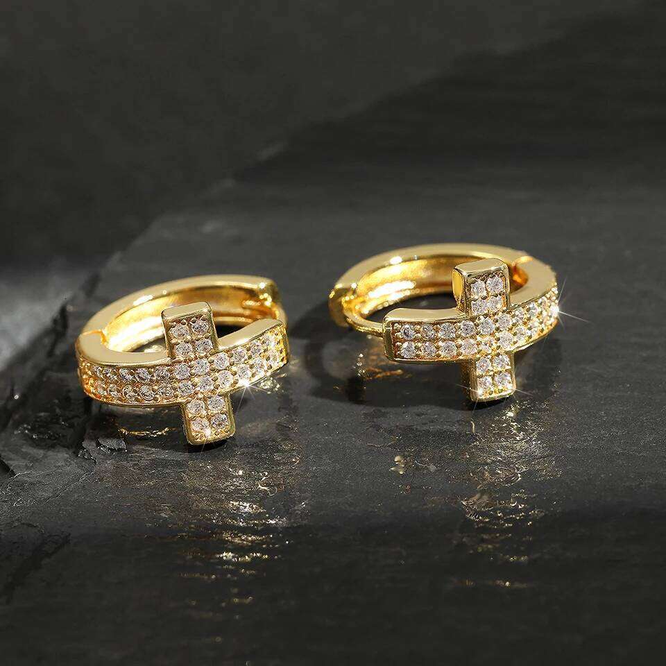 ZAKOL Punk Rock Zircon Cross Small Hoop Earrings New Trendy Tiny Circle Cartilage Ear Buckle Piercing Jewelry for Women Men