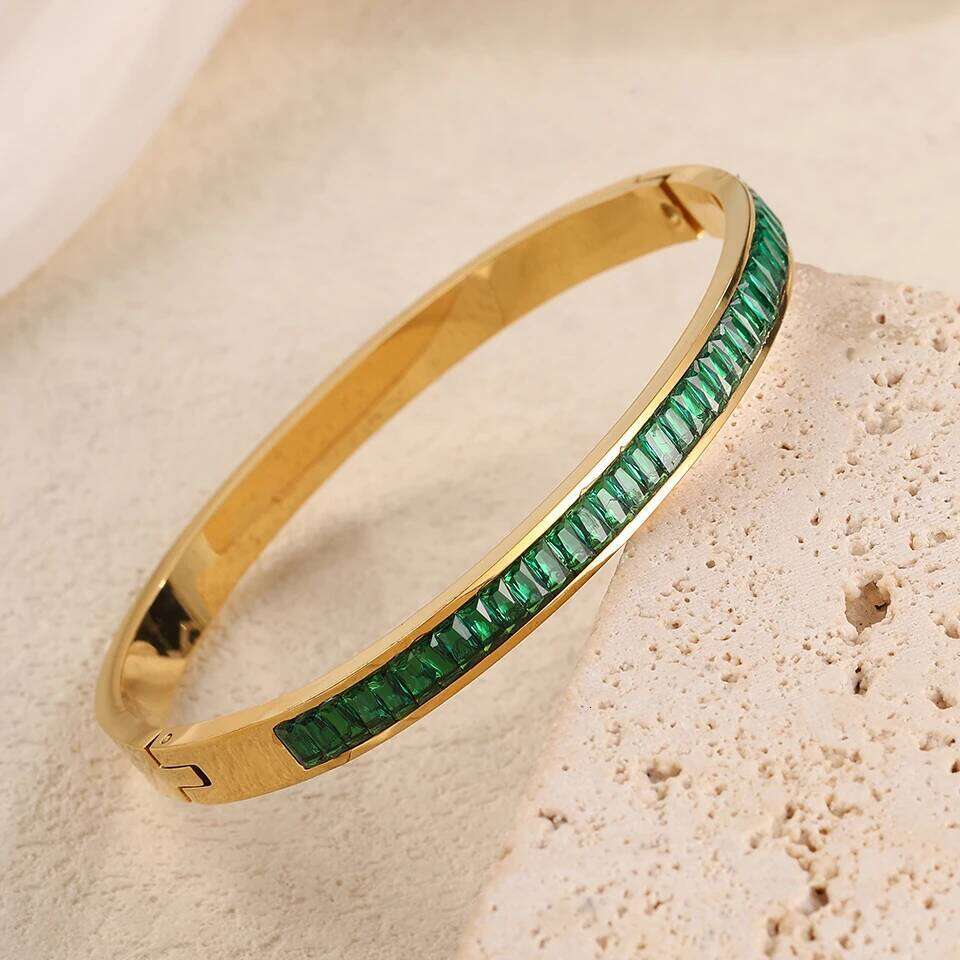 ZAKOL New Summer Fashion Green CZ Stainless Steel Stacked Bracelet Bangles for Women Female Aesthetic Party Jewelry