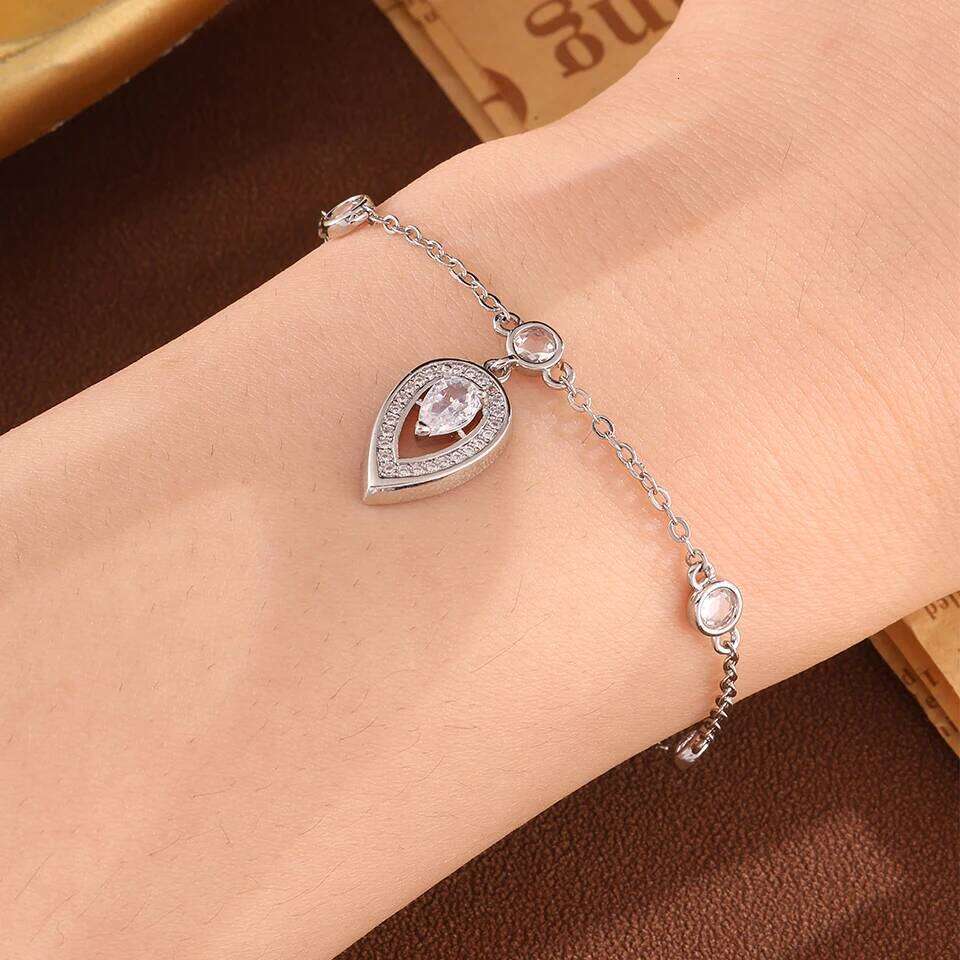 ZAKOL Korean Simple Water Drop Charm for Women Girls Shiny Clear Zircon Thin Chain Bracelet Accessories Gift