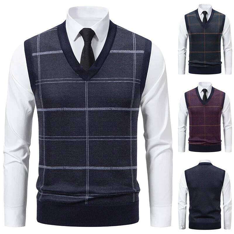 Men's V-Neck Knitted Sweater Warm Autumn Winter 2025 Casual Fashion Diamond Grid Twisted Flower Design Versatile Top