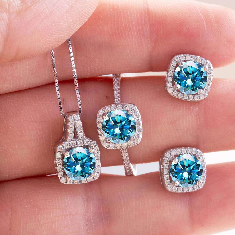 Women's Round Cut D Color Moissanite Set Real 925 Silver Pendant Necklace and Stud Earrings female dating fine Jewelry 52c