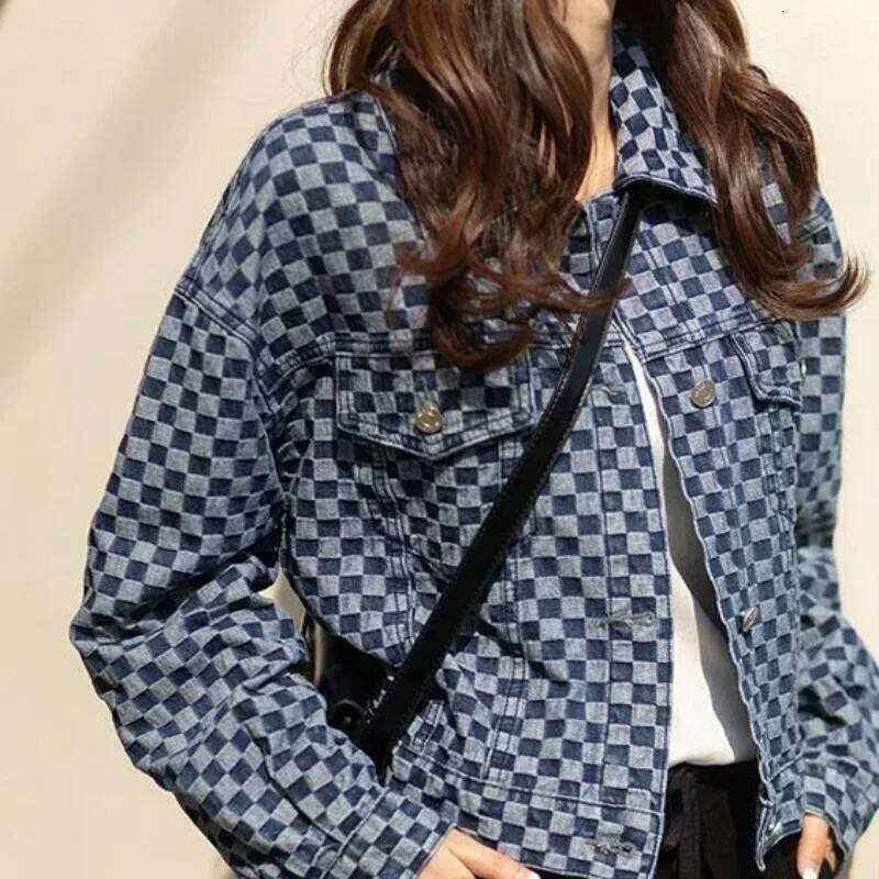 Spring Autumn Check With Print Graphic 2026 Designer Fashion Outerwears Blue Mix Color Female Jeans Coat Women's Denim Jackets Chic And Elegant L