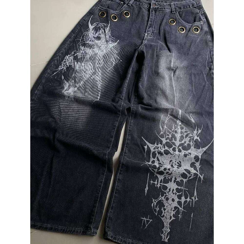 American New Fashion Oversized Pattern Printed Washed Jeans Men Y2K Gothic Rock Popular Casual Joker High Waist Wide Leg Pants
