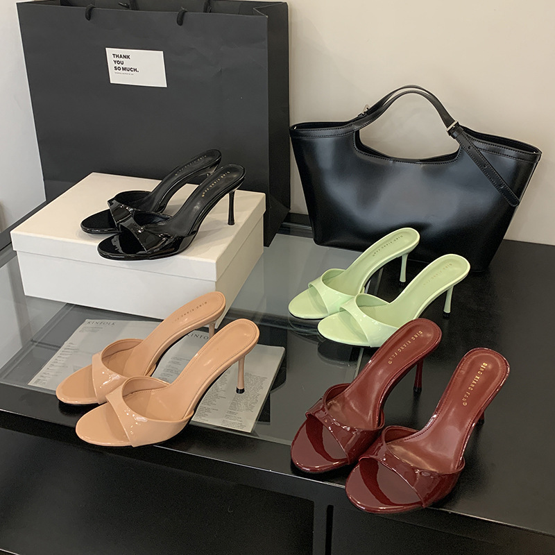 Luxury Shoes Womens 2026 New Patent Leather Thin High Heel Mule Sandals Women's Elegant Slingback Slides Ladies Summer Fashion Outdoor Slippers