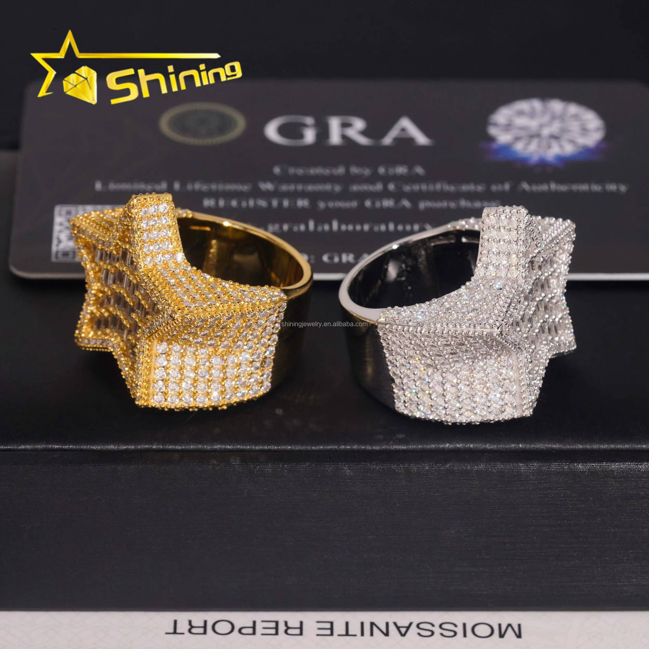 Bulk Stock Drop Shipping Iced Out Hip Hop GRA Certificate FL Baguette Moissanite Diamond Man Gift Iced Out S925 Silver Star Ring