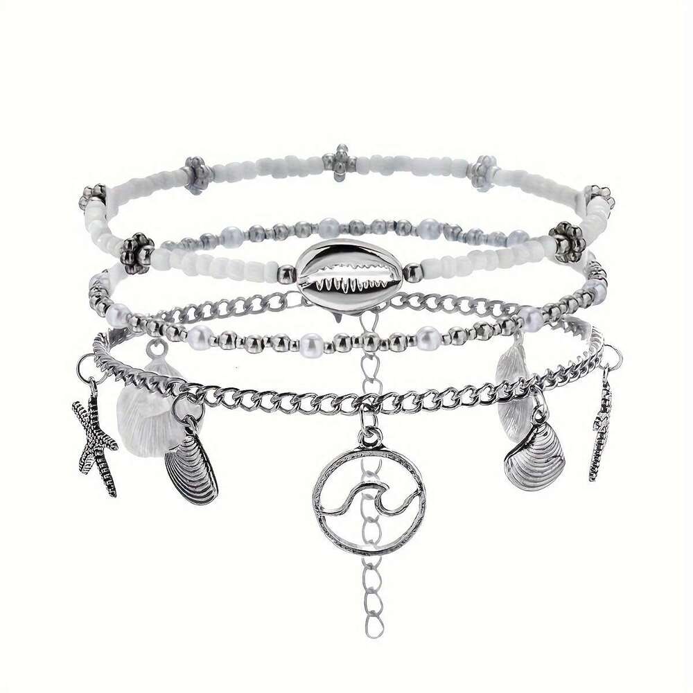 Bohemian Style Beaded Wave Round Ring Anklet with Tassel Pendant Shell Charm Ankle Chain Set