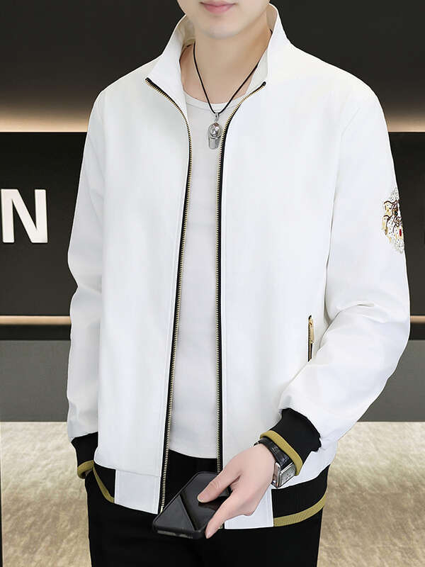 European Brand Fashion Embroidered Lion Men's Spring And Autumn Hot Diamond Domineering Tops Casual Stand Collar Jacket