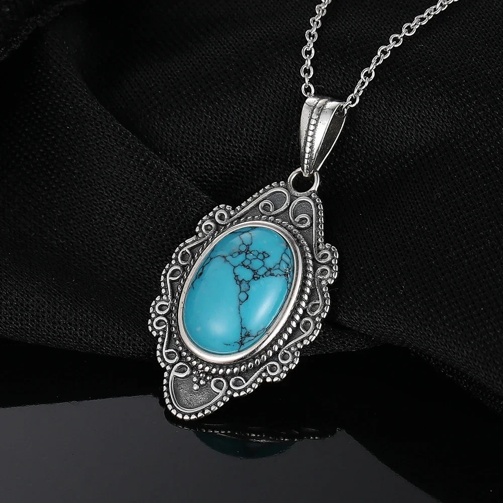 S925 Silver Necklace Natural Turquoise Pendants Necklace Fine Jewelry for Women Vintage Party Gifts with Chain 251224