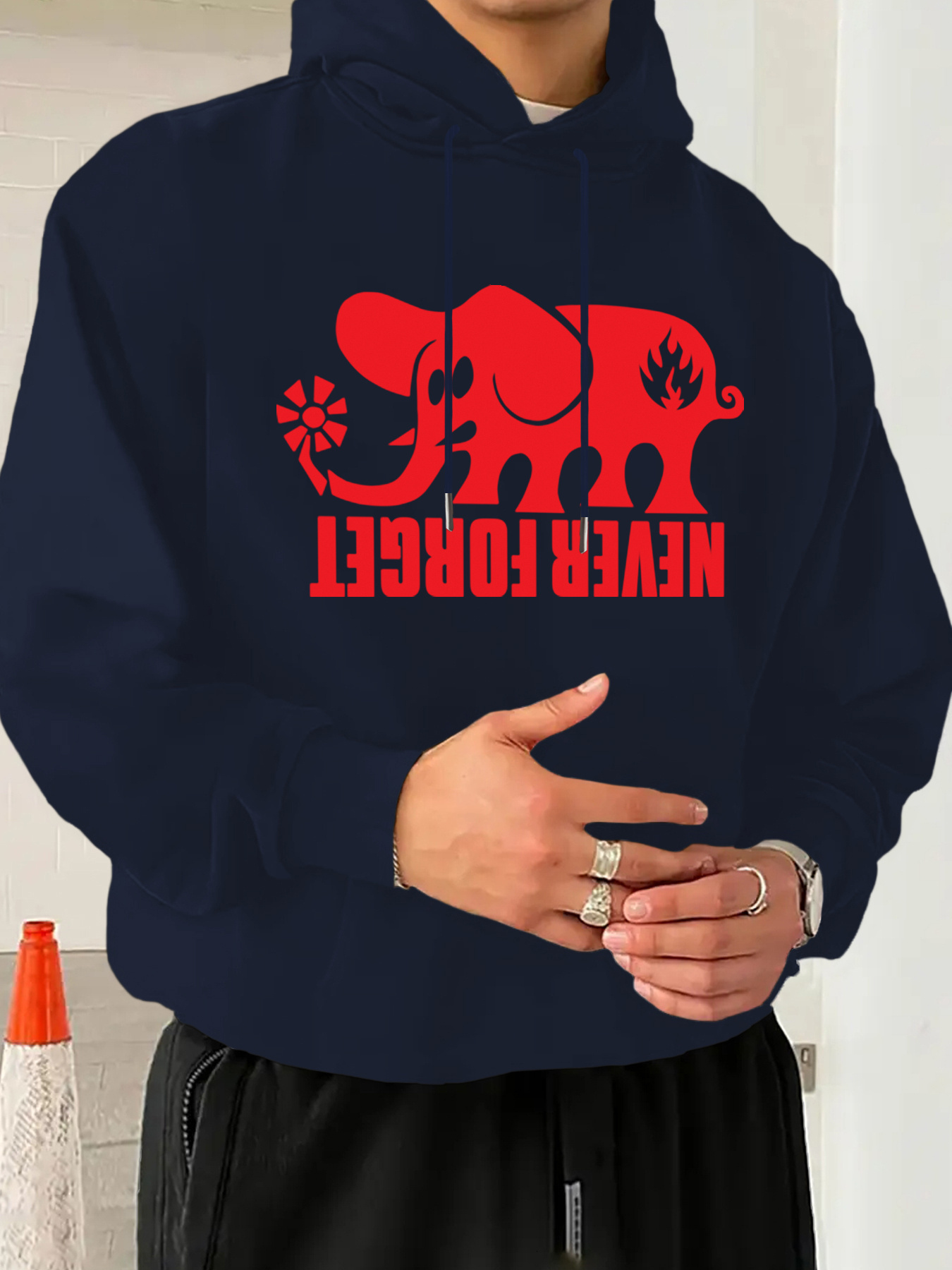 Men's Casual Graphic Print Hoodie - Soft Polyester Blend Pullover with Front Pocket, Navy Blue & Red Machine Washable Regular Fit for All-Season 