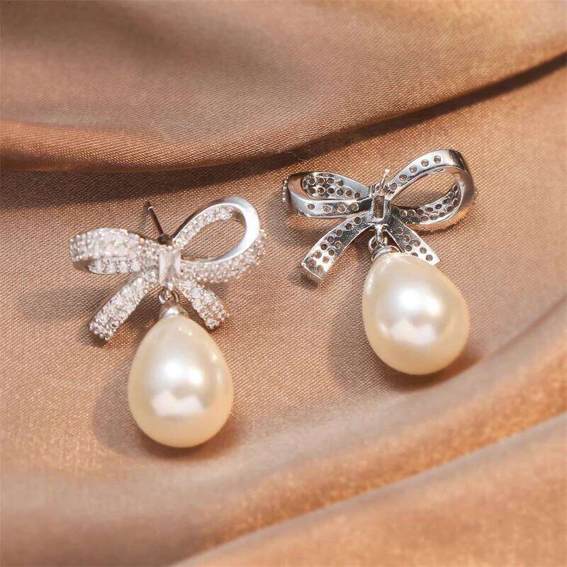 ZAKOL Brand Zircon Bow Pearl Drop Dangle Earrings for Women Elegant Bridal Wedding Party Jewelry
