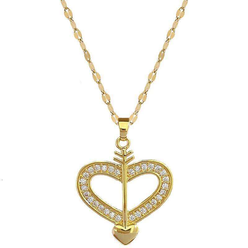 ZAKOL Fashion One Arrow Pierces The Heart CZ Necklace for Women Golden Stainless Steel Clavicle Chain Collares