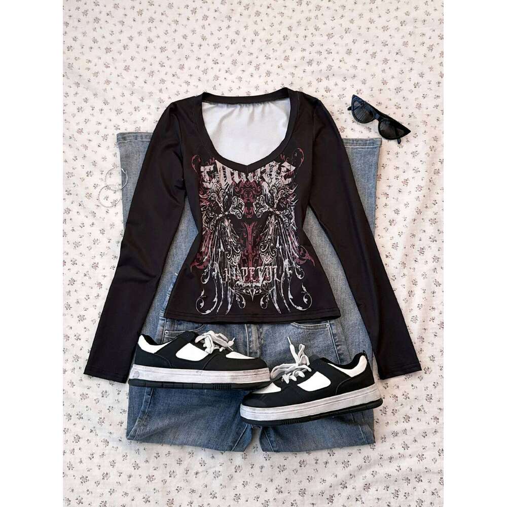 Ladies' Spring/Summer Retro Style Music Road Printed Long Sleeve T-Shirt ZHE HAN