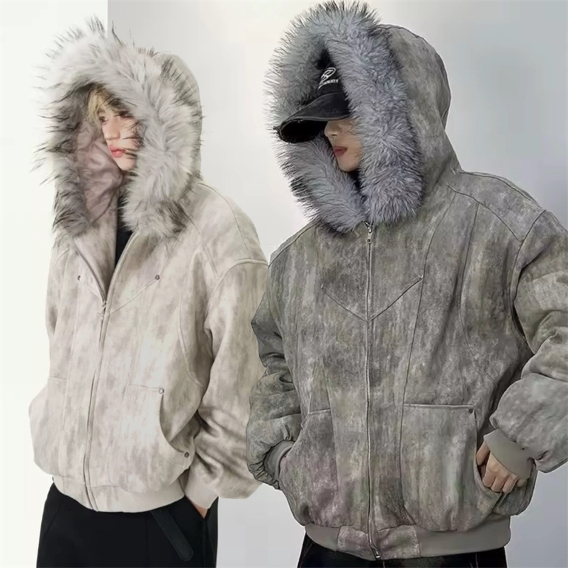 European and American winter thickened fur collar hoodie Y2K couple down cotton warm jacket fashionable and versatile 251223CJ