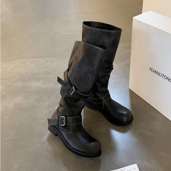 Internet Celebrity Style Round Toe Belt Buckle Wrinkled British Retro Polished Thick Heel Mid-Calf Riding Boots for Women