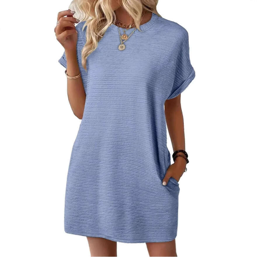Dress for women European and American Loose Round Neck Pocket Dress, 2026 Summer New Solid Color Short Sleeve Beach Cover-Up