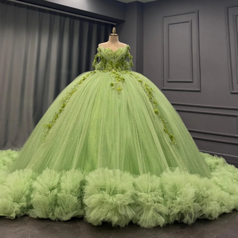 Sage Green Shiny Quinceanera Dresses Ball Gown Off The Shoulder Applique Flower Beading Crystal Tiered Tull Corset Party Birthday Sweet 16 Dres Vestid