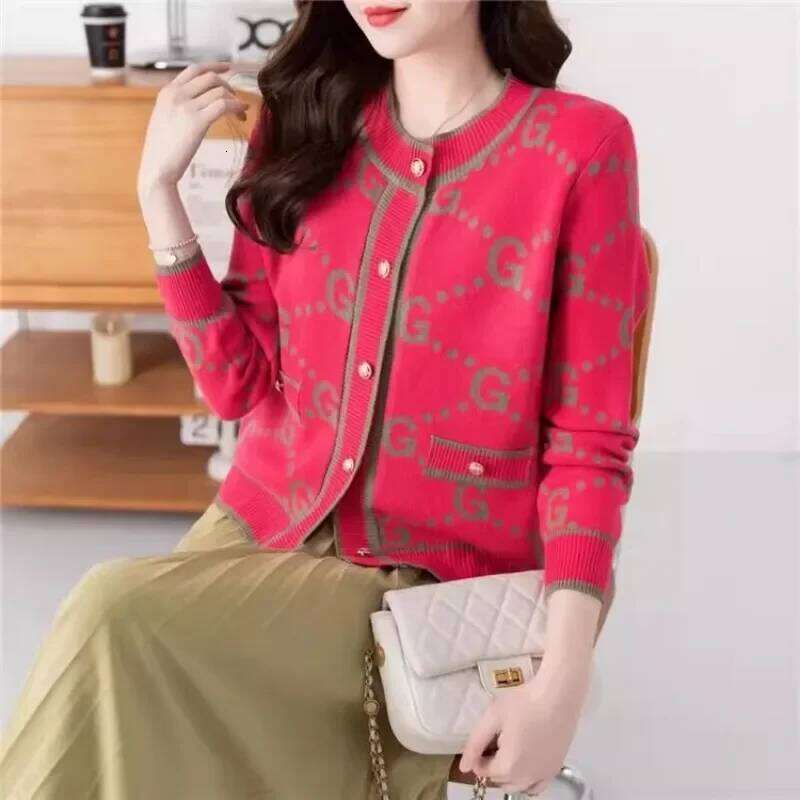 Classic Brown Letter Jacquard Sweater Cardigan Elegant Lady Button Up Knitwear Long Sleeve Jacket Winter Streetwear Women