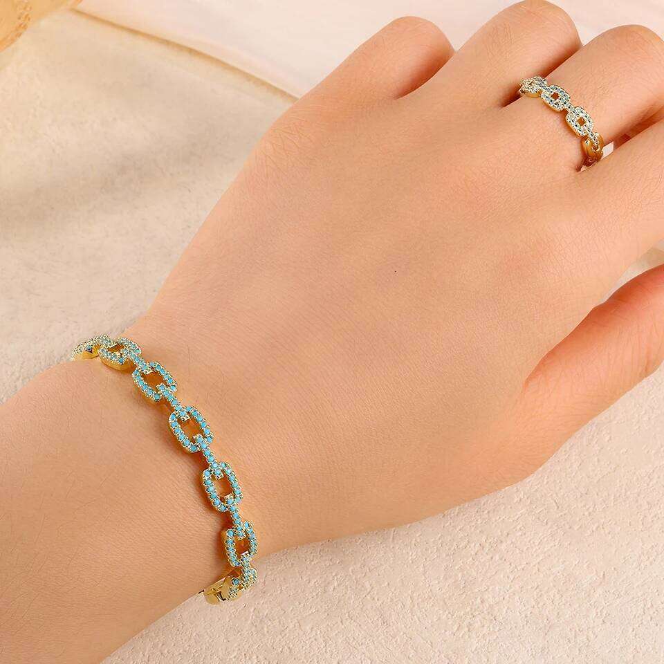 ZAKOL New Niche Design Turquoise CC Shape Open Bracelet Ring Set for Women Buling Zircon Exquisite Wedding Party Jewelry