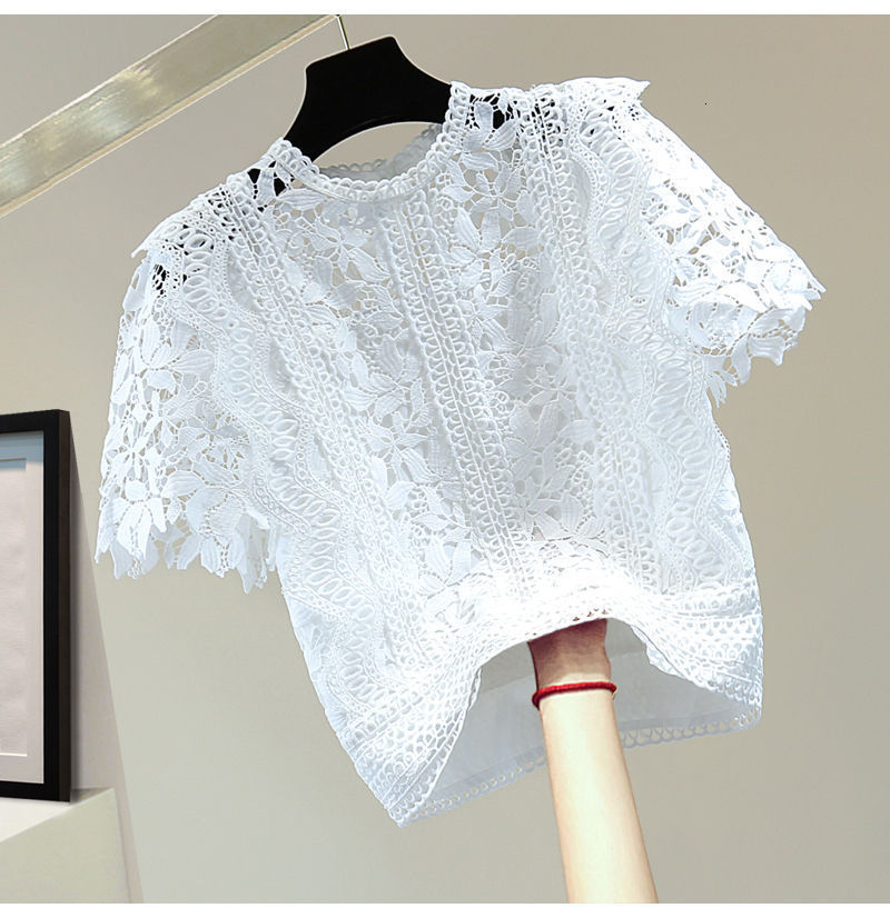 2025 Summer Korean Style High Waist Short Sleeve Pullover Crochet Hollow Out Womens Round Neck Lace Top 210422
