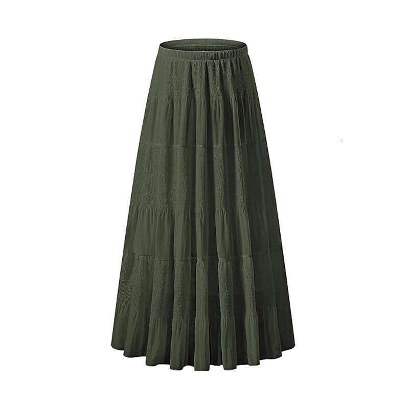 Women's Casual High-Waisted Elastic Waistband Ruched A-Line Flared Layered Long Half Skirt