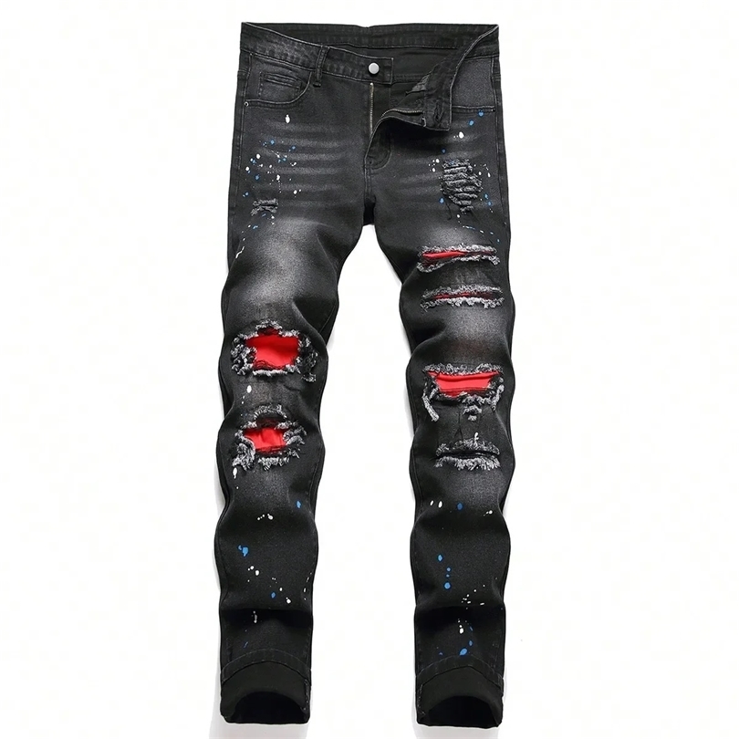 Men y2k Stretchy Skinny Denim Jeans For Casual pants Ripped Patchwork Hole Slim Fit Hip Hop Black Straight Trousers 251218