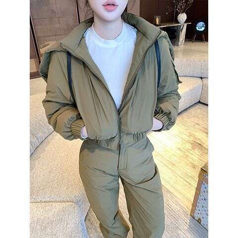 2025 Winter Ski For Women New Thickened Warm Short Cotton Jacket High Waist Slimming Pants Two-Piece Set WKERSIY