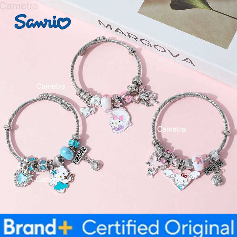 Sanrio Silver Hello Kitty Bead Bracelet Heart Charm Inspired Couple Jewelry for Women Girls Perfect for Halloween Accessories H251229