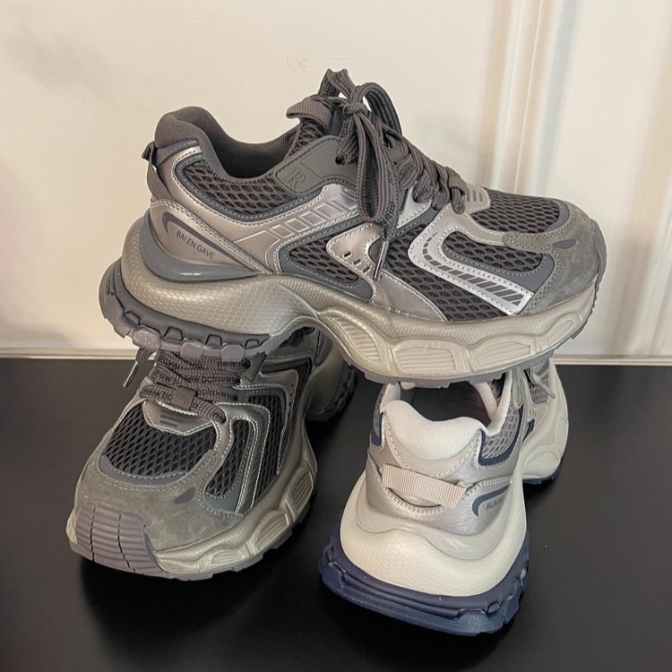 New Womens Platform Sneakers 2026 Spring Summer Simple Design Color Blocking Mesh Casual Shoes Gray Gun Color Free Shipping