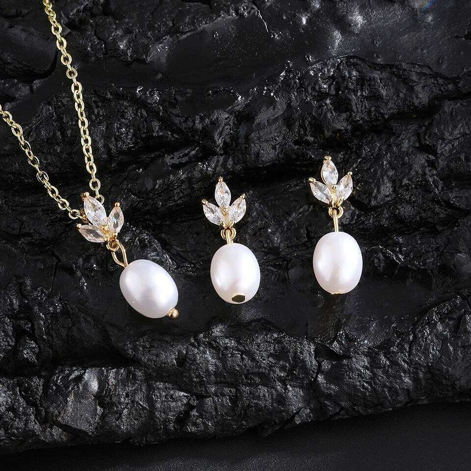 ZAKOL Elegant Shiny Zircon Imitation Pearl Pendant Earring Necklace Set for Women Luxury Party Jewelry Gifts