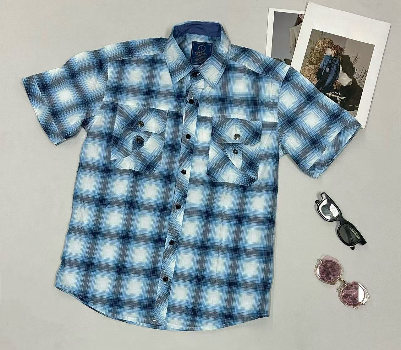 Men's Plaid Short-Sleeve Shirt - 100% Cotton Poplin, Multi-Color Options, Button-Front with Chest Pockets, Casual Comfort for Daily/Outdoor Wear 