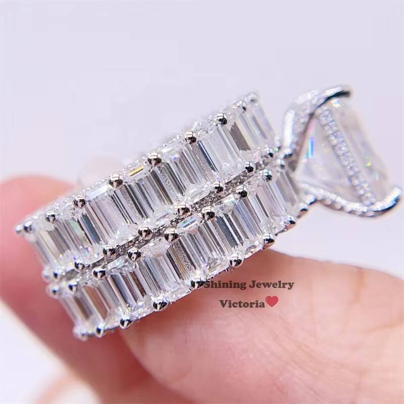 Bridal Jewelry Women Fashion Solid Silver VVS Moissanite Wedding Ring Set Baguette Cut Ring Band