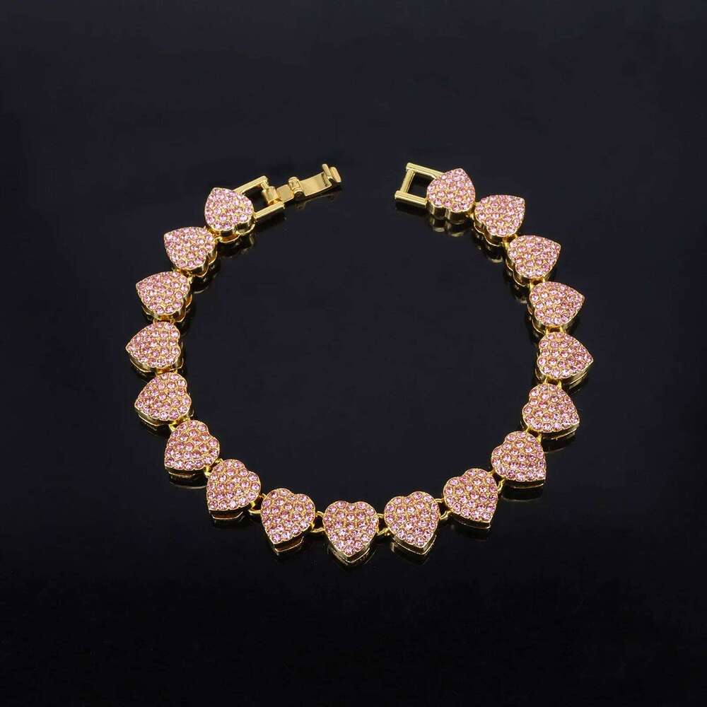 ZAKOL New 11mm Width Heart Hip Hop Bracelet Necklace Shiny Pink Clear Rhinestone CZ Street Rock Ornaments Jewelry for Women Men