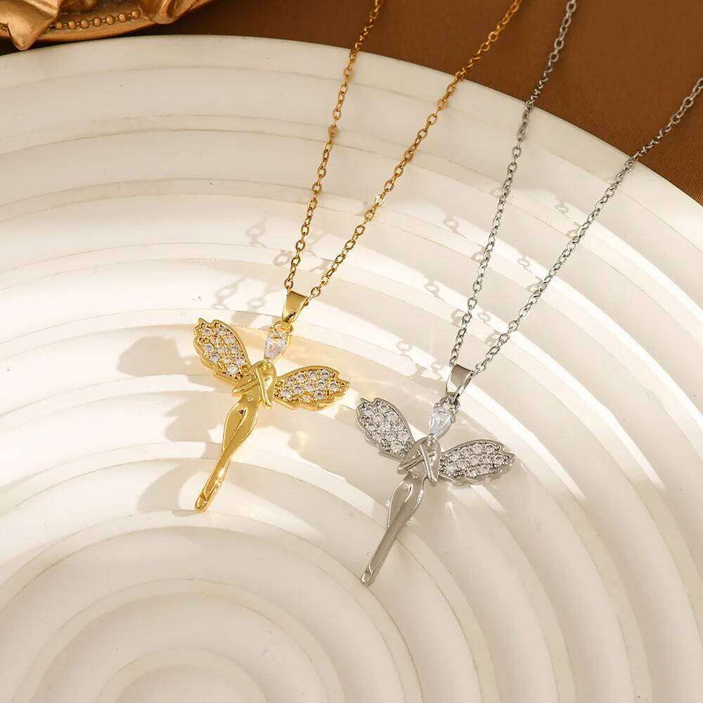 ZAKOL Trendy Gold Color Dragonfly Wings Necklaces For Women Stainless Steel Crystal Necklace Everyday Jewelry Gifts