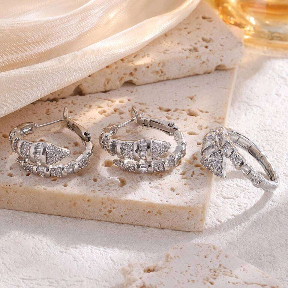 ZAKOL Trendy Snake Bone Shape Open Rings For Women Gold Silver Color Crystal Copper Ring Earrings Women's Daily Wear Jewelry Set