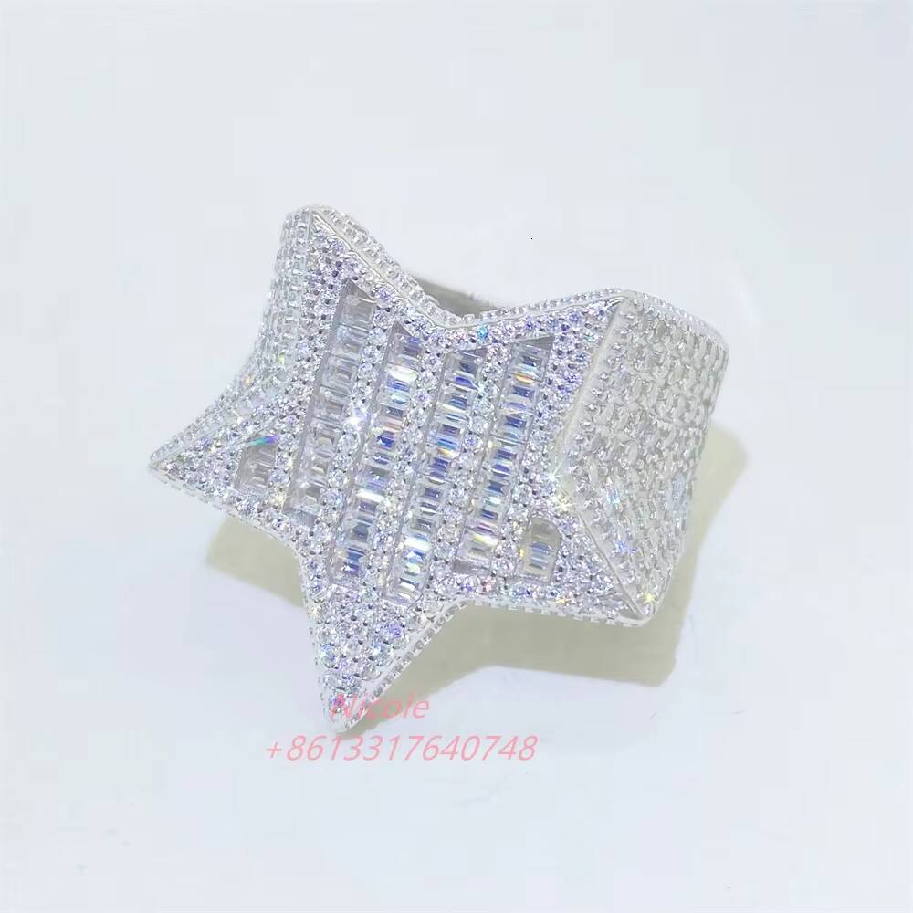 Ready to Ship Bling 925 Sterling Silver Star Shape baguette Diamond Moissanite Ring Hip Hop Iced Out Mens Rings