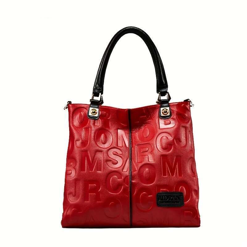 JINXIANGGUO Genuine Handbag Genuine Leather Handbag Fashionable Red Cowhide With Geometric Pattern Zip Closure Polyester Lining